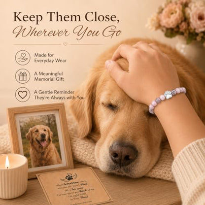 Pink Gray Stone Bead Pet Memorial Bracelet | Paw Print Charm | Dog Cat Loss Rainbow Bridge In Loving Memory Sympathy Gift | Keepsake Jewelry for Dog Mom Cat Mom with Sympathy Card