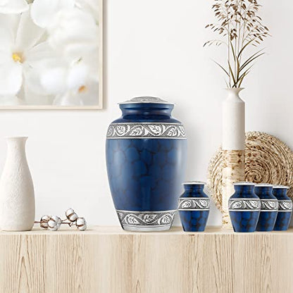 Reminded Set of 5 Etched Cremation Urns for Human Ashes - 1 Brass Adult + 4 Keepsake Token Size, Blue - color: Blue