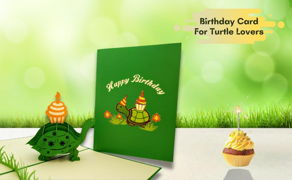 iGifts And Cards Happy Birthday Turtle 3D Pop-Up Card – Slow Smiles 5"x7" | Belated Tortoise With Cupcake, Cake & Candle, Animal Theme, Late Celebration, Playful Surprise, Friend, Boss, Daughter, Son - color: Turtle Cupcake