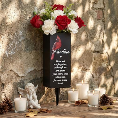 Hushee Grandma Memorial Cardinal Grave Decor Metal Cemetery Flower Vase | Gravesite Flower Holder with Spike, Funeral Flower Vase Grave for Loss of Loved One, Cemetery Outdoors Yard Garden Decoration - style: Grandma