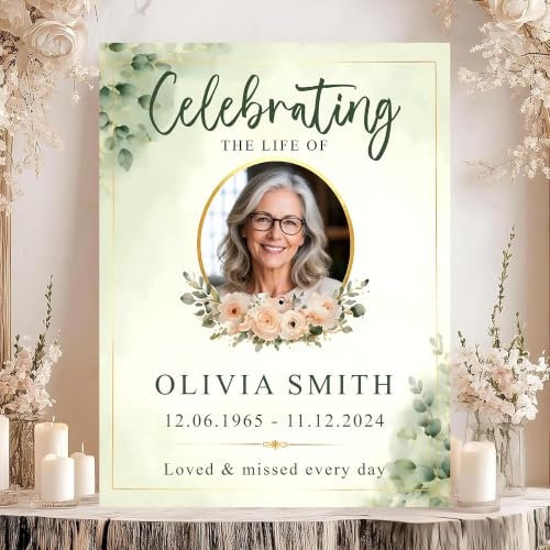 Celebration of Life Welcome Sign with Photo, Personalized Memorial Poster, Sage Green Floral Celebration Sign, Funeral Welcome Sign With Photo - color: Style#5
