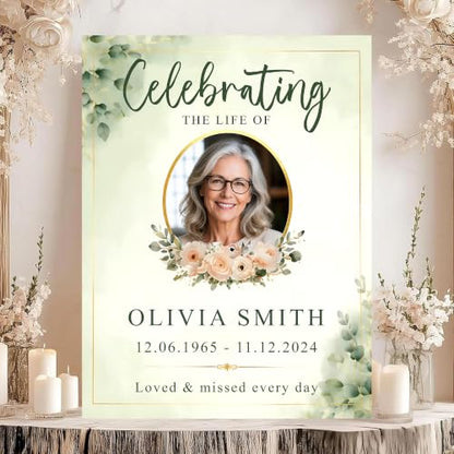 Celebration of Life Welcome Sign with Photo, Personalized Memorial Poster, Sage Green Floral Celebration Sign, Funeral Welcome Sign With Photo - color: Style#5