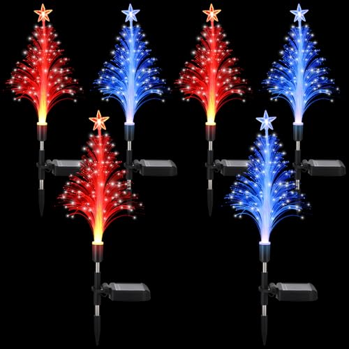 Baquler 6 Pack Solar Christmas Tree Garden Stake Lights Outdoor Waterproof Color Changing Christmas Lighted Yard Decorations Optical Fiber Xmas Pathway Lights for Lawn Patio Cemetery(Red, Blue) - color: Red, Blue