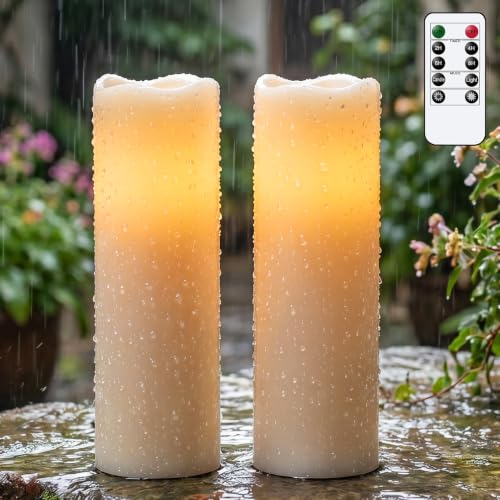 GenSwin Outdoor Flameless Candles Battery Operated Waterproof Remote | IP65, White, Flickering LED Candles, Large Pillar Candles Lantern Porch Patio Garden Decor, 4" x 14", 2/4/6/8 Timer, 2 Pack - size: 4“x 14"