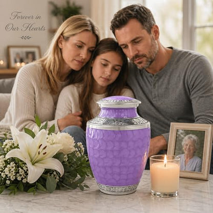 CLEENTABLE Purple Silver Cremation Urn, Engraved Metal
