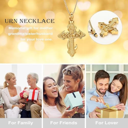 zeqingjw Cross Urn Necklace Fish Hook Cremation Jewelry for Ashes Pendant Stainless Steel Deer Antler Cross Memorial Human Pet Keepsake Ashes Holder for Men Women - color: Z-Gold