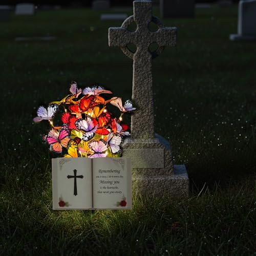 Solar Bible Cross Memorial Stake - Metal Silhouette Religious Grave Decoration for Cemetery - Flat Christian Cross Stake with Butterfly Lights - Cemetery Flower Decor for Grave, Sympathy Gift - style: Bible Cross with Flowers
