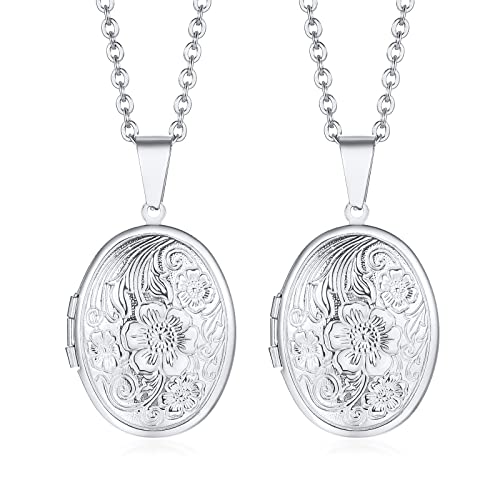 2 Pcs Locket Necklace that Holds Pictures Stainless Steel Locket Pendant Necklace Memory Photo Pendant Necklace for Women Girls - color: Oval style 2