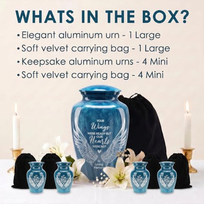 Emvency Urn for Human Ashes, Set of 5, Metal, Funeral, Angel Wings - color: Wings
