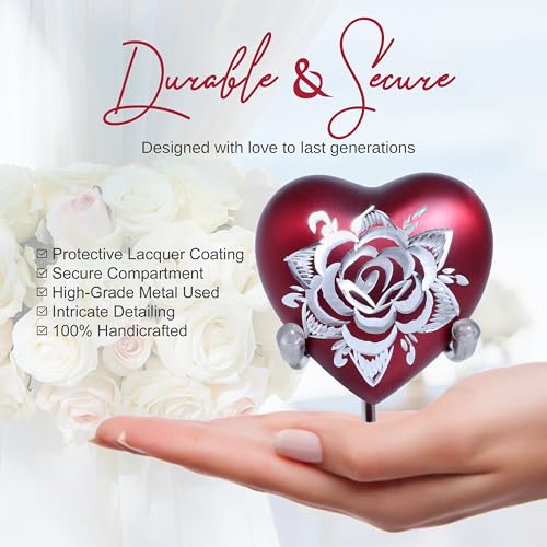 Rose Heart Keepsake Urn for Human Ashes Floral Mini Memorial Urn with Stand & Velvet Gift Box (Red) - color: Red
