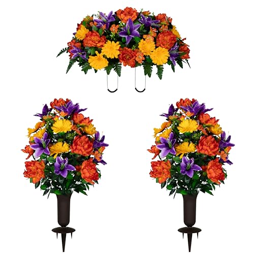 Artficial Flowers - Gravesite Flowers - Orange Peonies, Purple Lilies, and Yellow Daisies - (1) Headstone Flower Saddle & (2) Matching Bouquet (2) Cemetery Vase - size: (1) Saddle (2) Bouquet (2) Vase