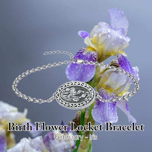 Birth Flower Photo Locket Bracelet 925 Sterling Silver 12 Month Locket Bracelet with Picture Birth Flower Photo Jewelry Gifts for Women Mother Mom Daughter - style: 02-February-Iris-Custom