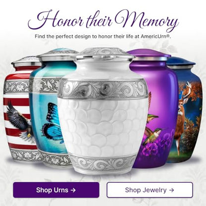 AmericUrn Custom Plaque White Patch Urns for Human Ashes Adult - Burial Urn Set of 7 with 1 Large urn, 4 Keepsake & Memorial Necklaces - color: White Patch Plaque Set