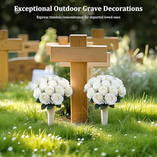 Lewondr Artificial Cemetery Flowers with Vase for Grave, White Rose, 2 Pack - color: White