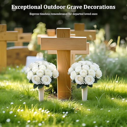 Lewondr Artificial Cemetery Flowers with Vase for Grave, White Rose, 2 Pack - color: White