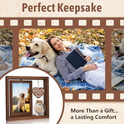 Dog Memorial Gifts for Loss of Pet - Rotating Wooden Frame for 4x6 Photo & Fur Hair Jar - Sympathy Gift for Pet Bereavement, Remembrance Keepsake - Rainbow Bridge Gift for Cat Lovers
