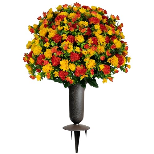 Artificial Cemetery Flowers - Gravesite Memorial Arrangment - Sunset Orange Garden Mums - (1) Bouquet (1) Vase - color: Sunset Orange, size: (1) Bouquet (1) Vase