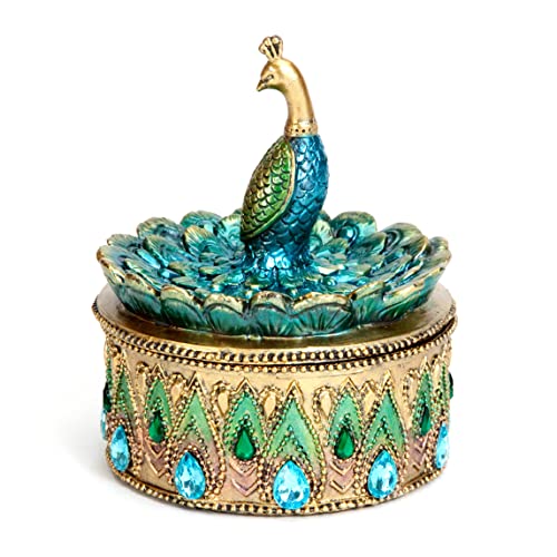 Bits and Pieces Peacock Jewelry Box Small Trinket Box | Jewelry Boxes for Women - Peacock Figurine Lid - Decorative Thinket Boxes for Home Decor - Peacock Decorations