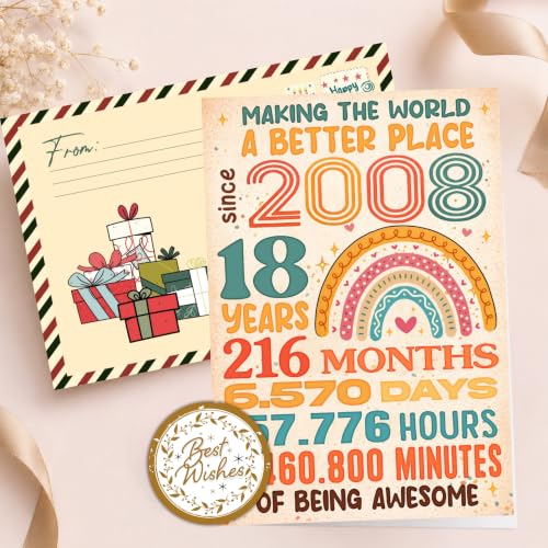 18th Birthday Card, 18 Birthday Card for Girl Boy with Seal and Envelope, Funny 18th Birthdayy Cards for Daughter Granddaughter Son Grandson Friend Sister Brother - color: 18th