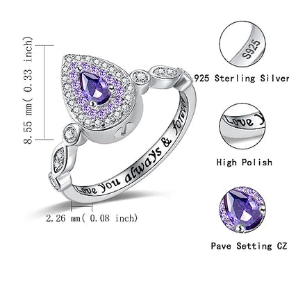 Sariel Teardrop Cremation Ring for Ashes - 925 Sterling Silver Urn Keepake Rings Memorial Jewelry for Women - color: Purple