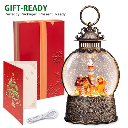 Christmas Snow Globes Lantern, Gingerbread Man Musical Snow Globes with Swirling Glitter Effects, USB/Battery Powered with 6-Hour Timer, Christmas Decorations - color: Gingerbread Man