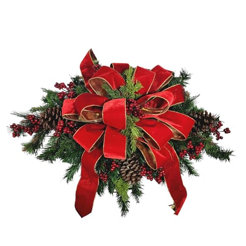 Headstone Saddle with Red Berries, Pinecones, and Red Velvet Ribbon - Christmas Memorial Decoration - Artificial Grave Flowers