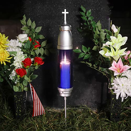 Cemetery Cross Candle Holder, 4" x 34" Blue Acrylic Memorial Lamp Holder with Spike & Base, Weatherproof Grave Light Holder for Headstone Decorations (Candle Not Included)