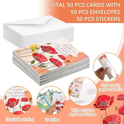 Affrolling 50 Pcs Christian Thank You Cards Bulk with Envelopes Stickers - style: Vintage