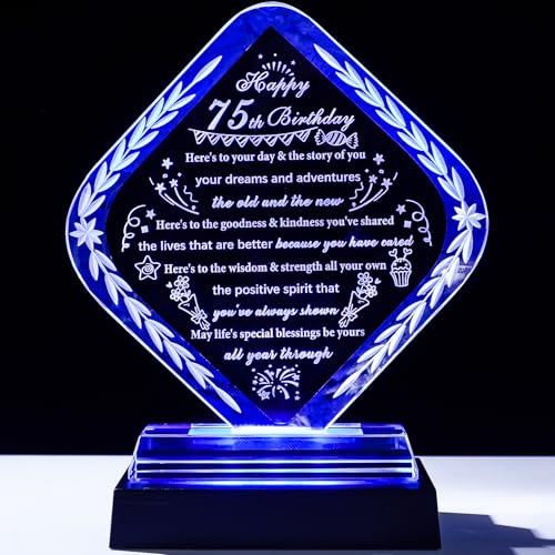 YWHL 75th Birthday Gifts for Men Women with Light Base Crystal Happy 75th Birthday Plaque Decorations Best Gift Ideas for 75 Year Old Mom Dad Wife Husband Born in 1950 - style: 75th Birthday Gifts+Light Base