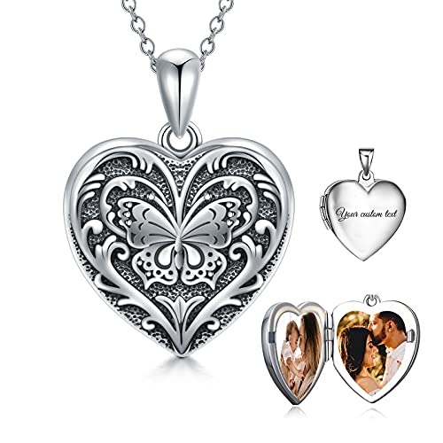SOULMEET Personalized Butterfly Locket Necklace That Holds Up to 2 Pictures, Memorial Insects Silver Butterfly Photo Locket Custom Any Photo Healing Gift - color: A-Black, style: Locket+Custom Photo+Engraved
