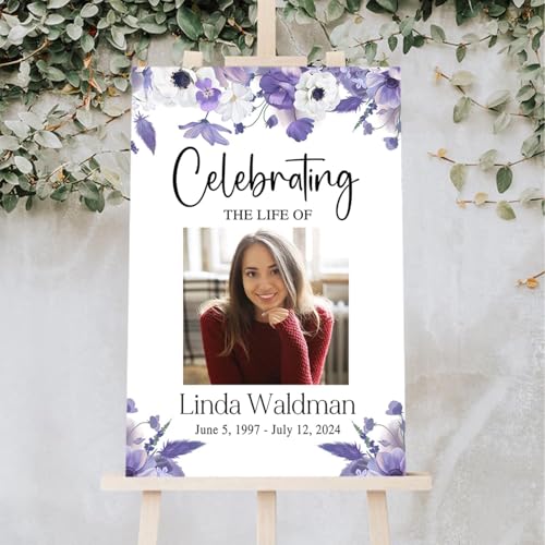 Personalized Photo Funeral Sign - Purple Floral Celebration Of Life Photo Sign - In Loving Memory Sign - Celebration Of Life Banner - Large Funeral Sign - Funeral Program - Funeral Decorations - Celebration Of Life Poster - Memory Signs For Funeral - colo
