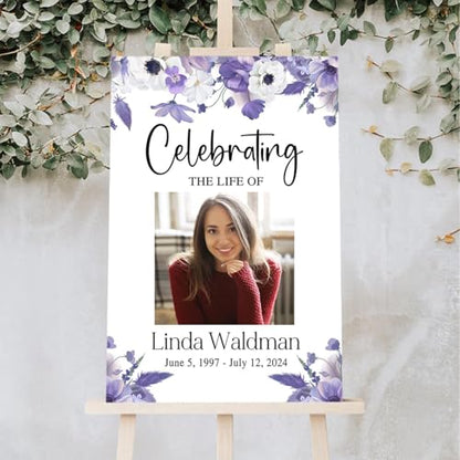 Personalized Photo Funeral Sign - Purple Floral Celebration Of Life Photo Sign - In Loving Memory Sign - Celebration Of Life Banner - Large Funeral Sign - Funeral Program - Funeral Decorations - Celebration Of Life Poster - Memory Signs For Funeral - colo