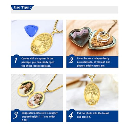 Picture Locket Necklace for Women Men Rose 14K Real Gold 925 Sterling Silver Jewelry Heart Locket Necklace that Holds Pictures Tree of Life Viking Wolf Celtic Knot St Christopher St Michael Pendant - color: I2-6-Tree of Life Locket-Gold Plated
