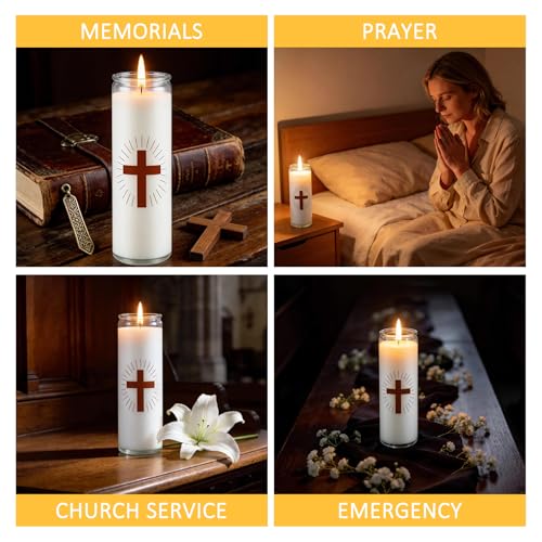 White Prayer Candles, Devotional Prayer Candle in Glass Jars, Long‑Burning Smokeless Cross Catholic Candles for Church, Altar Vigil & Memorials - size: 1
