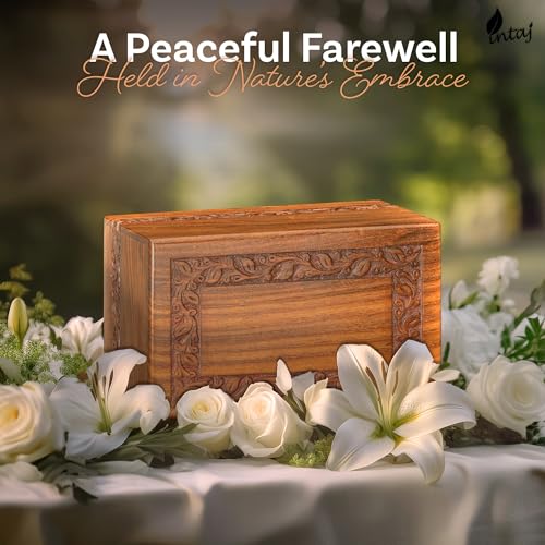 Borders Wooden Urns for Human Ashes Adult Funeral Urn, Wooden Cremation Urns for Ashes Engraving, Wooden Box (L (9x6x5) 185 Cu/in, Custom Border Carved) | Hand-carved solid sheesham rosewood, screw-locked sliding base, engraving available, holds up to 180