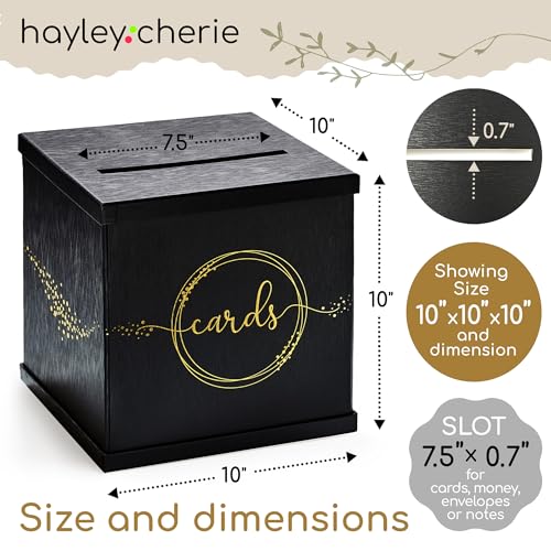 Black & Gold Card Box, Large 10x10 Gift Card Box Envelope Holder with Slot | Wedding Reception, Graduation Party, Funeral Memorial, Birthday, Bridal & Baby Shower, Retirement, Donation Basket, Money