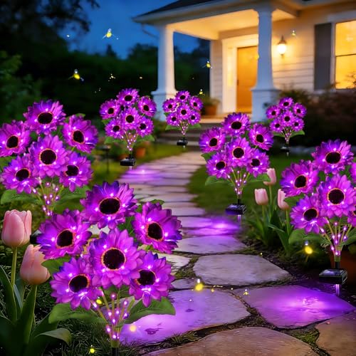 ANGMLN Solar Garden Lights 4 Pack 24 Purple Solar Sunflower Lights - color: 6 Head Sunflower Purple
