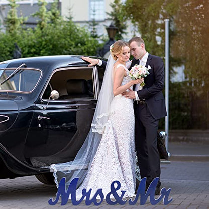 Mr & Mrs Signs Table Decor: Rustic Wooden Freestanding Letters - Wedding & Anniversary Props (Navy Blue) - color: Navy blue