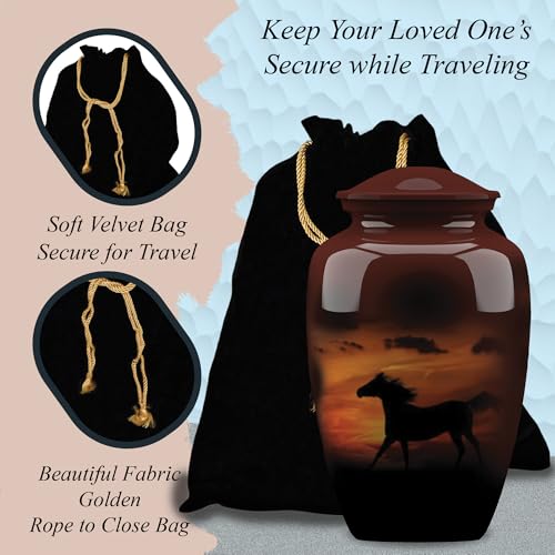 Forever URNS Adult Cremation Funeral Urn with Printed Black Horse in Evening Sunlight Theme for Human Ashes of Female & Male | 200 cu in | Large | Completely Handcrafted with Velvet Protection Bag