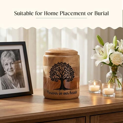 Medium Wooden Cremation Urn for Human Ashes – 80 Cubic Inch Tree of Life Engraved Memorial Urn, Natural Wood, Partial Ashes or Shared Remains - size: Medium 80 Cu In