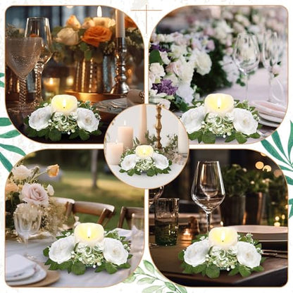 Yunlly 16 Set Rose Candle Rings Wreaths 3 Inch Center with Flameless LED Candles Artificial Rose Light Garland Fake Electric Votive Tealights Bulk Funeral Wedding Table Centerpieces Decor(White) - color: White