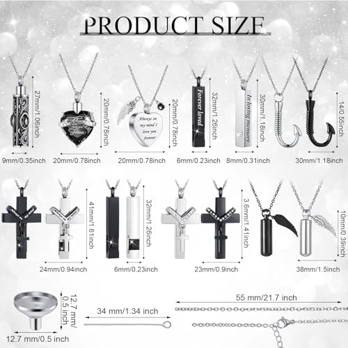 Huquary 16 Pcs Urn Necklace for Ashes Waterproof Stainless Steel Carved Ashes Locket with 8 Filling Kit Heart Cylinder Cross Cubic Fish Hook Jewelry for Ashes with Wing Diamond for Men Women - color: Black