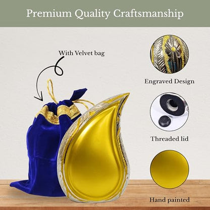 NORSE'S TRADECRAFT Teardrop Urn for Ashes Adult Male & Female | Metal with Gold Finish, 60 cu in Capacity, Memorial Gifts with Velvet Bag, Handcrafted Cremation Urn Keepsake