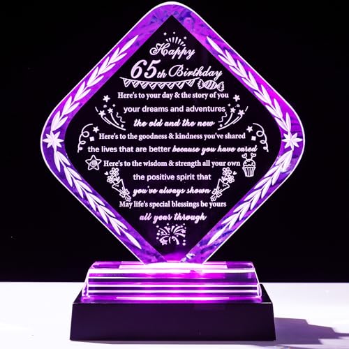 YWHL 65th Birthday Gifts for Men Women 65 Years Old Crystal 65th Birthday Plaque Gift Ideas - style: 65th Birthday Gifts+Light Base
