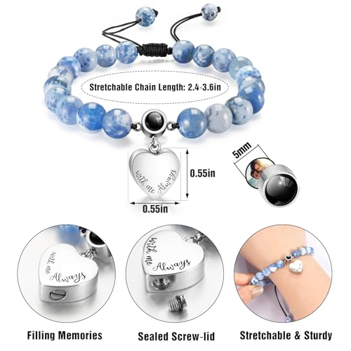 XIUDA Heart Cremation Memorial Urn Bracelet 316L Stainless Steel Keepsake Jewelry Urn Bracelet for Ashes for Women-With Me Always - style: Blue Agate Projection Stone, Engraved