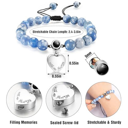 XIUDA Heart Cremation Memorial Urn Bracelet 316L Stainless Steel Keepsake Jewelry Urn Bracelet for Ashes for Women-With Me Always - style: Blue Agate Projection Stone, Engraved