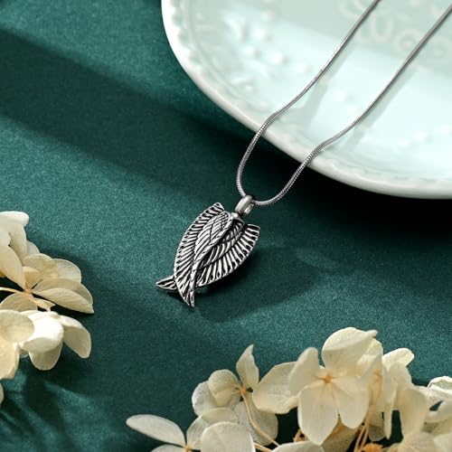 Angel Wings Cremation Jewelry Necklaces Stainless Steel Urn Necklaces for Ashes Memorial Keepsake Pendant for Women Men Gifts With Funnel Kit & Bag - color: SilverBlack