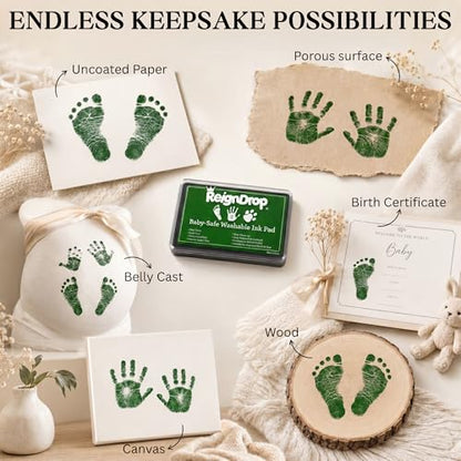 ReignDrop Baby Ink Pad for Hand and Footprints, Non-Toxic Acid-Free Keepsake Kit, Smudge-Proof Archival Ink Wipes Off Skin, for Scrapbook, Photo Album, Frames & Pet Paws, Baby Gift (Green) - color: Green