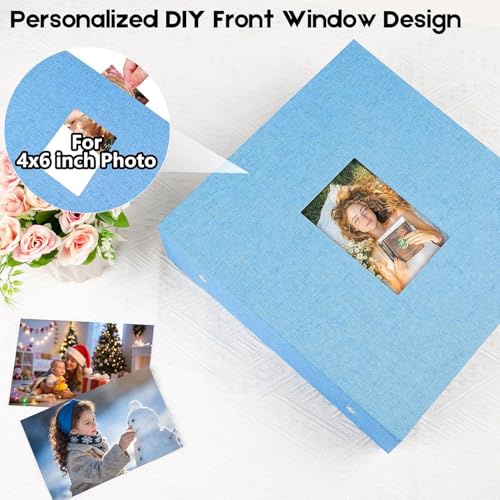 Aevdor Large Capacity 4x6 Photo Album, 1000 Photos, Linen Cover, Blue | Black Inner Pages, 3 Horizontal and 2 Vertical Pockets per Side, Front Photo Window, Family, Wedding & Travel Memories - color: Linen Blue