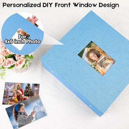 Aevdor Large Capacity 4x6 Photo Album, 1000 Photos, Linen Cover, Blue | Black Inner Pages, 3 Horizontal and 2 Vertical Pockets per Side, Front Photo Window, Family, Wedding & Travel Memories - color: Linen Blue